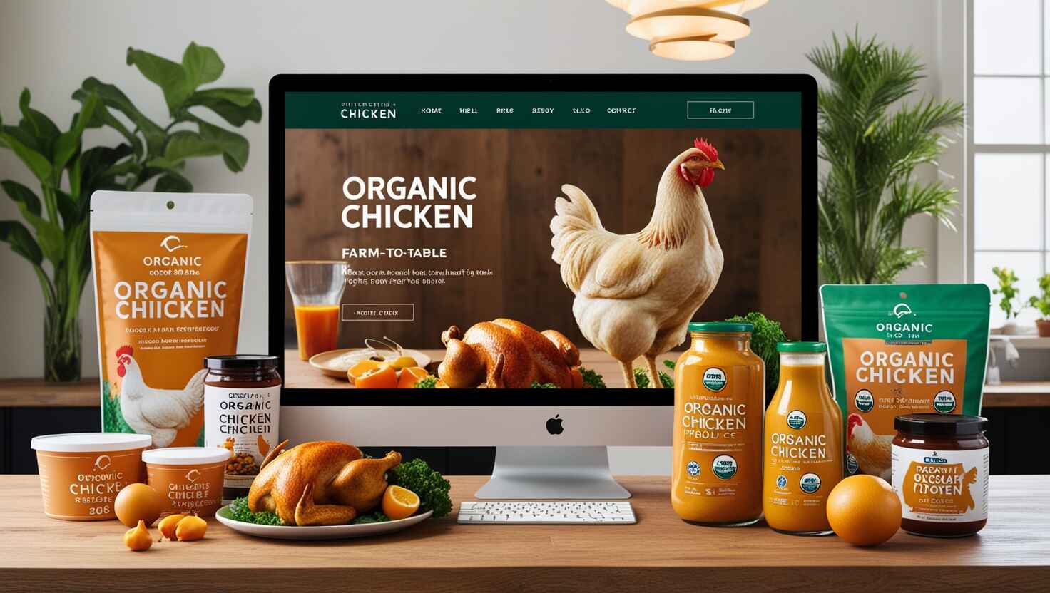 Organic chicken online store displaying various products with a sustainable farm-to-table theme.