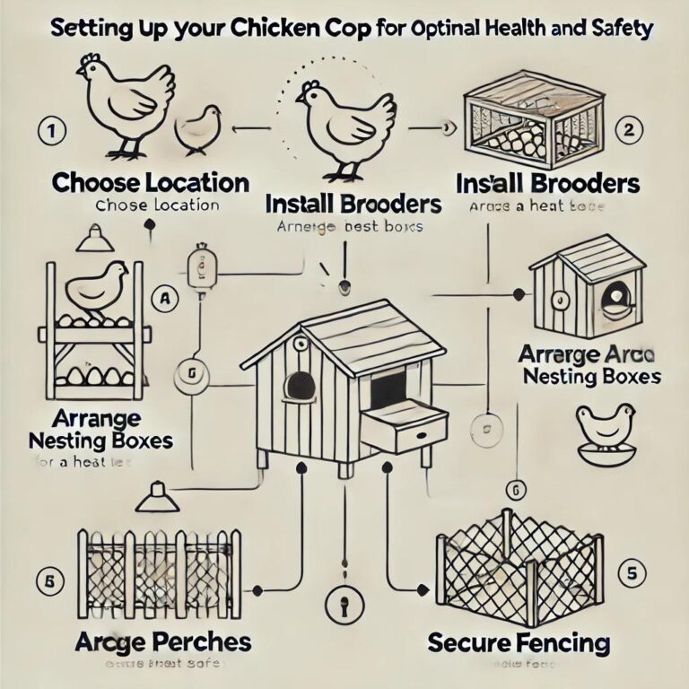 Flowchart illustrating the setup process for a chicken coop, covering location choice, brooders, nesting boxes, perches, and fencing.