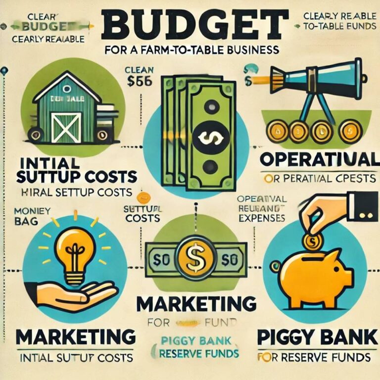 Infographic on budget planning for a farm-to-table business, highlighting setup costs, operational expenses, marketing, and reserves with clear icons